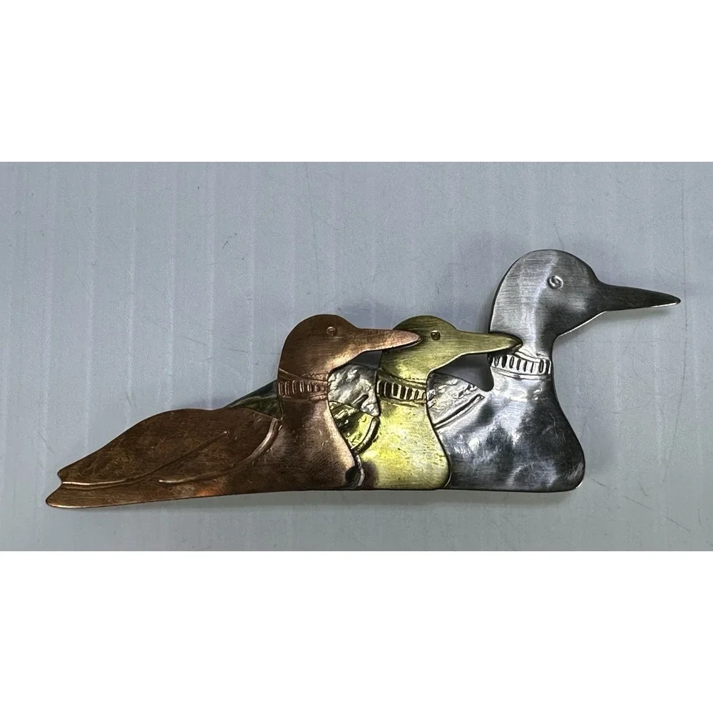 Vintage Silver Tone Brass Copper Swimming Duck Mallard Brooch